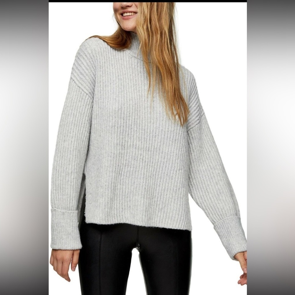 Grace The Perfect Fit mock neck, chunky knit, oversized sweater in gray.